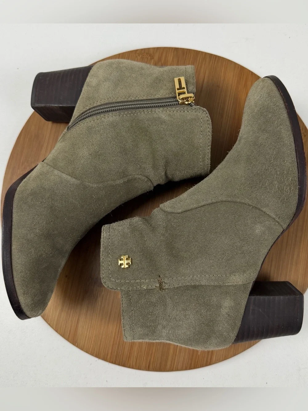 Tory Burch Sabe Olive Green Suede Block Heel Ankle Boots